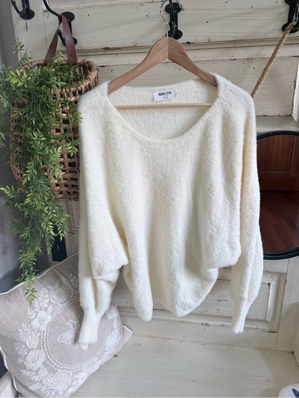 Double Zero Soft Ivory Fuzzy Scoop-Neck Sweater